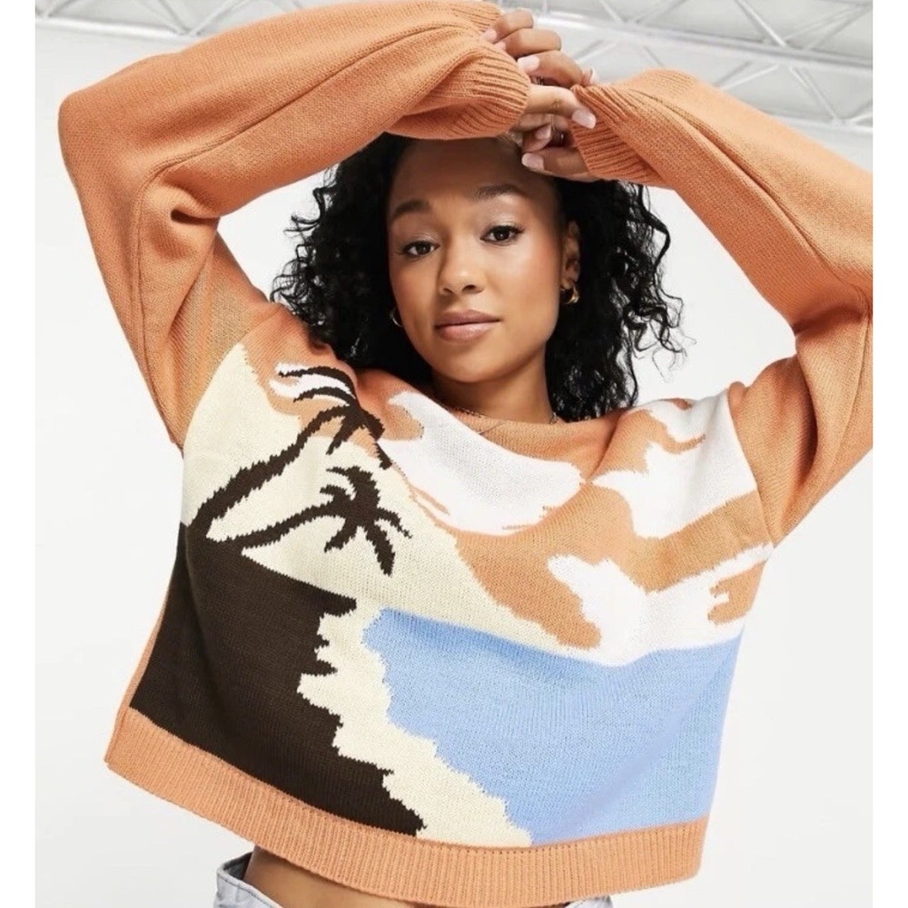 ASOS DESIGN sweater with scenic patterns Long Sleeve Beach Scene Women's Size 6